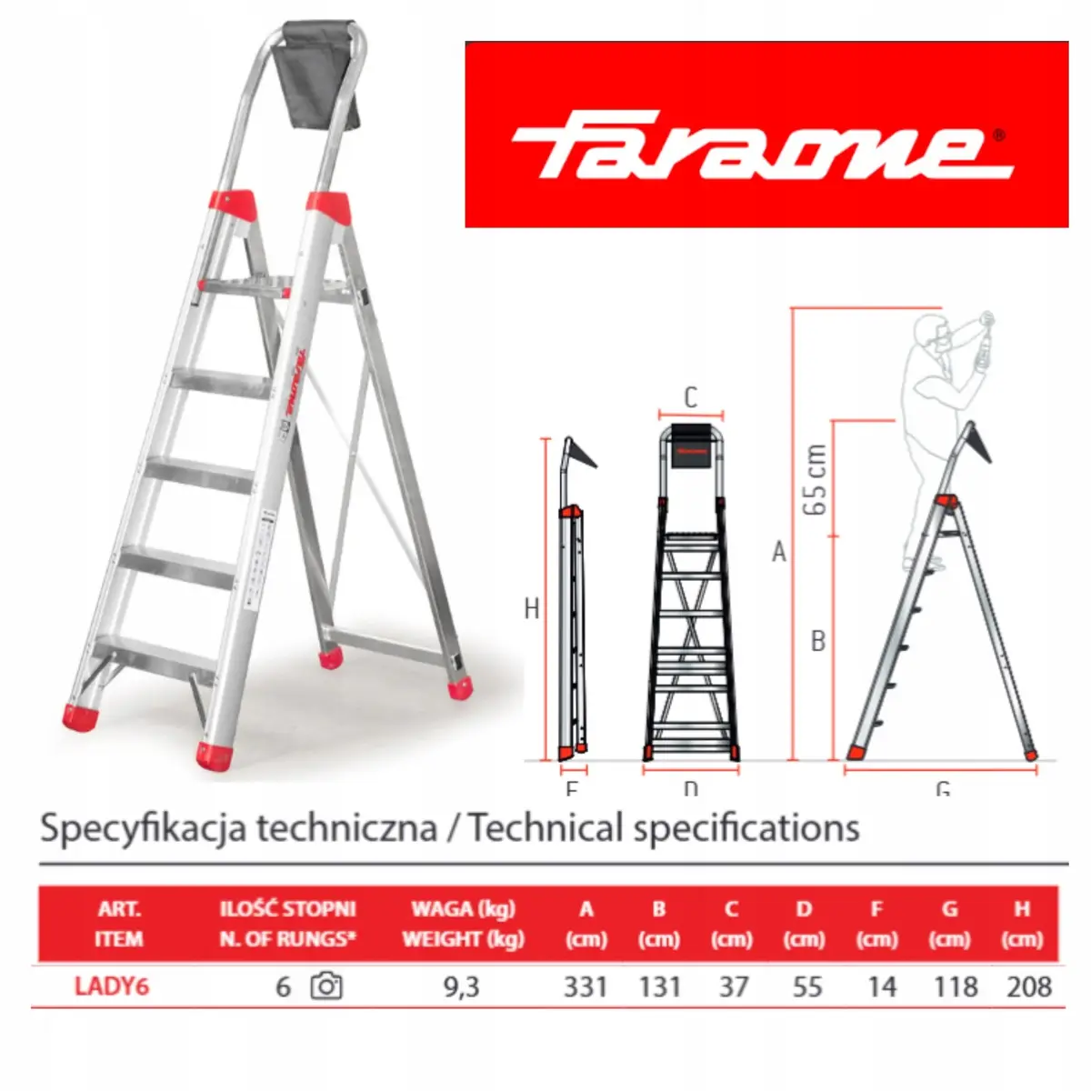 Drabina aluminiowa składana domowa Faraone 3,31 m 1 x 6 do 150 kg LADY6 - zdjęcie 2