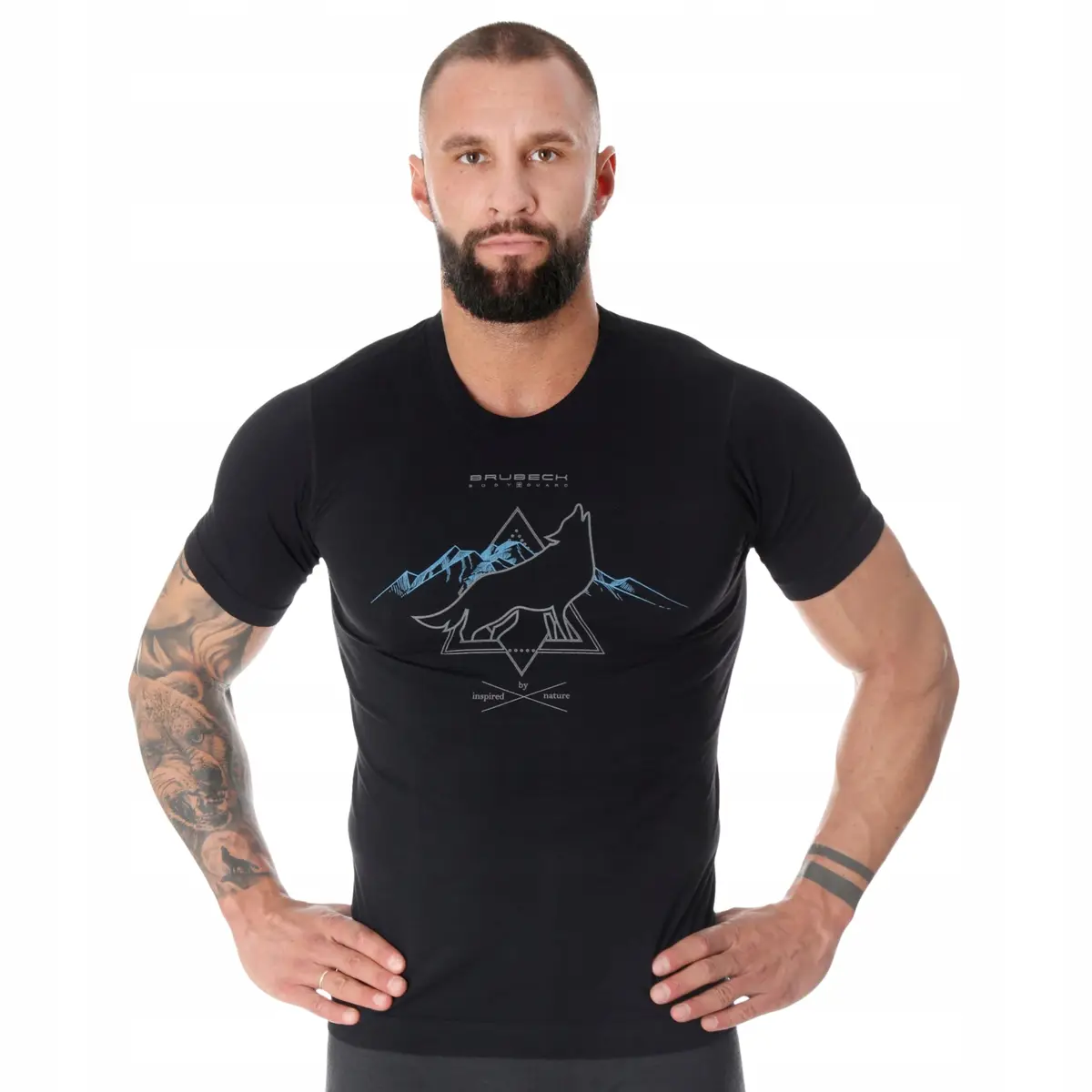 Koszulka męska trekkingowa BRUBECK T-Shirt merino czarna Wilk 3 - zdjęcie 4