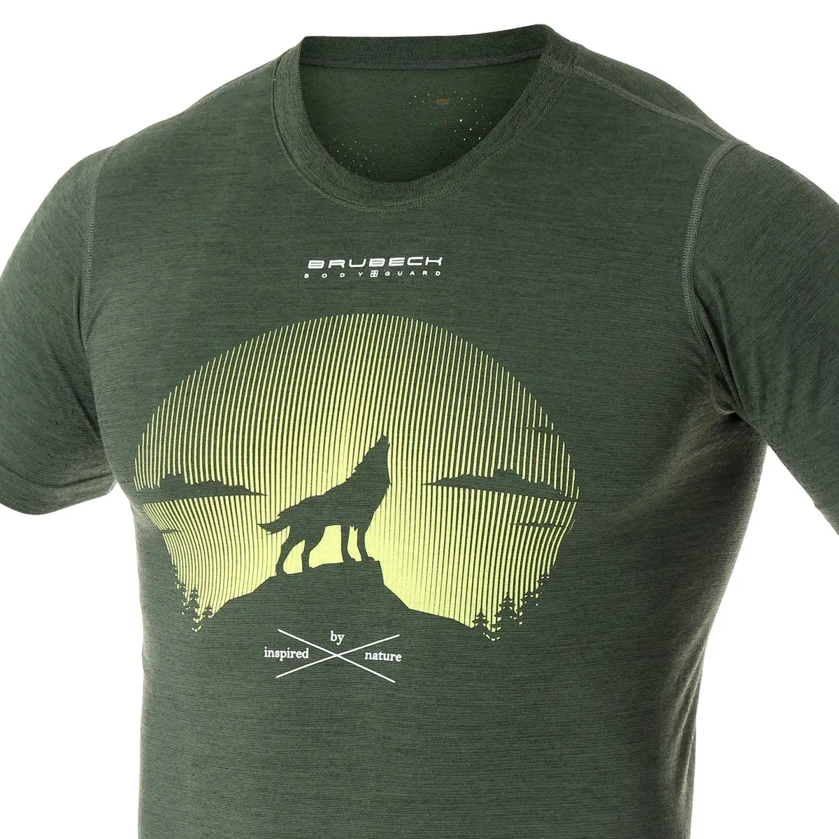 Koszulka męska BRUBECK T-Shirt merino ciemnozielony Wilk 2 - zdjęcie 2