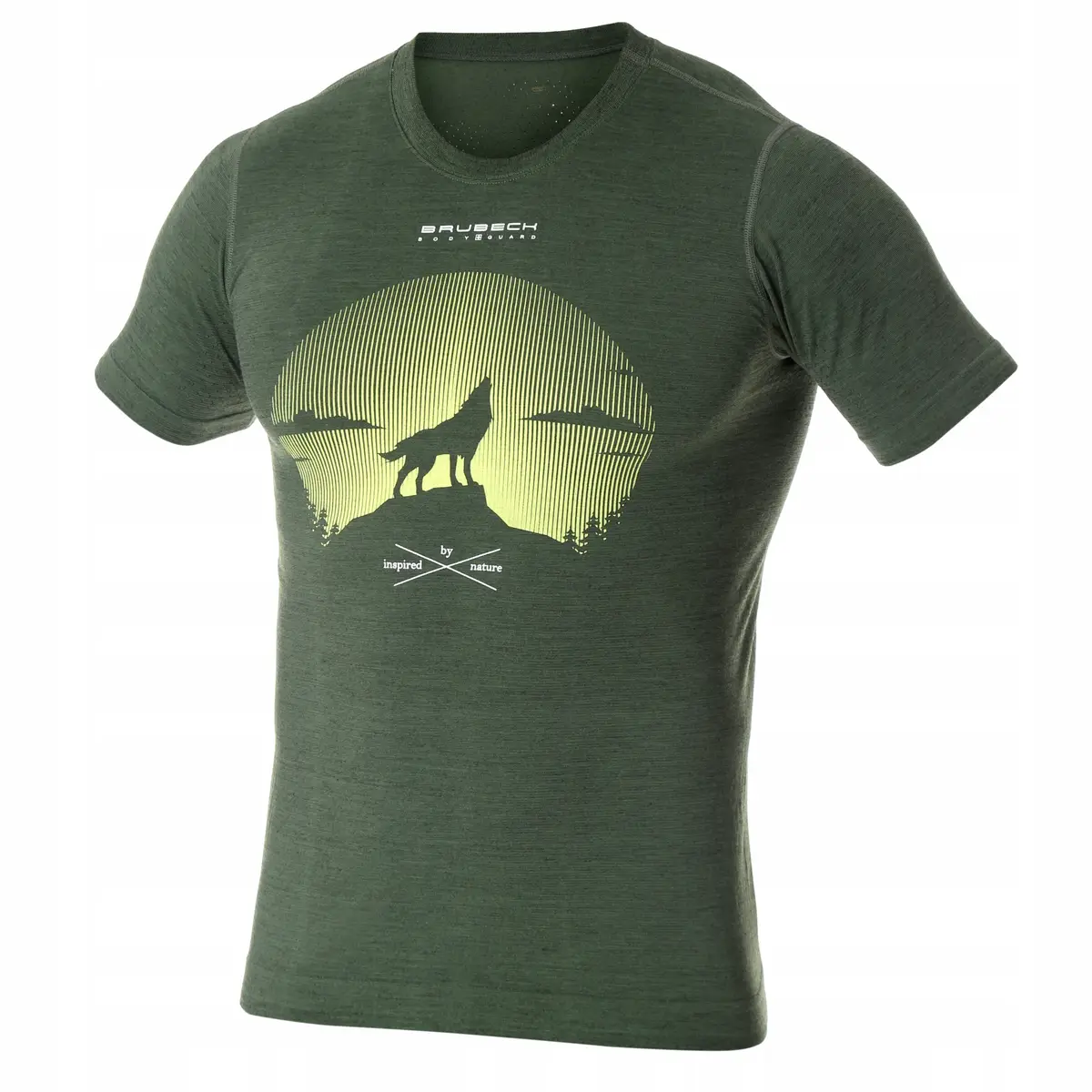 Koszulka męska BRUBECK T-Shirt merino ciemnozielony Wilk 2 - produkt Fundacji Fun and Drive Dzieciom