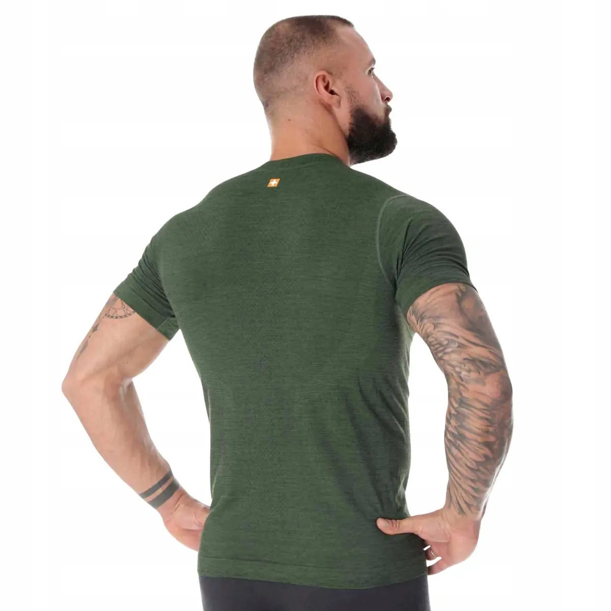 Koszulka męska BRUBECK T-Shirt merino ciemnozielony Wilk 2 - zdjęcie 4