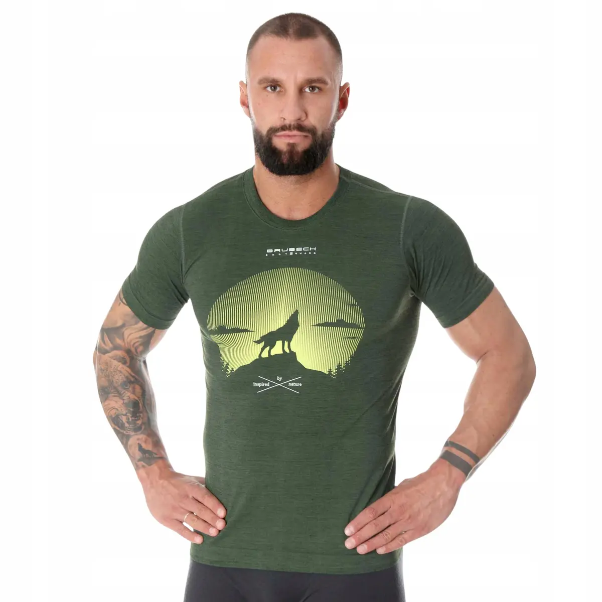 Koszulka męska BRUBECK T-Shirt merino ciemnozielony Wilk 2 - zdjęcie 4