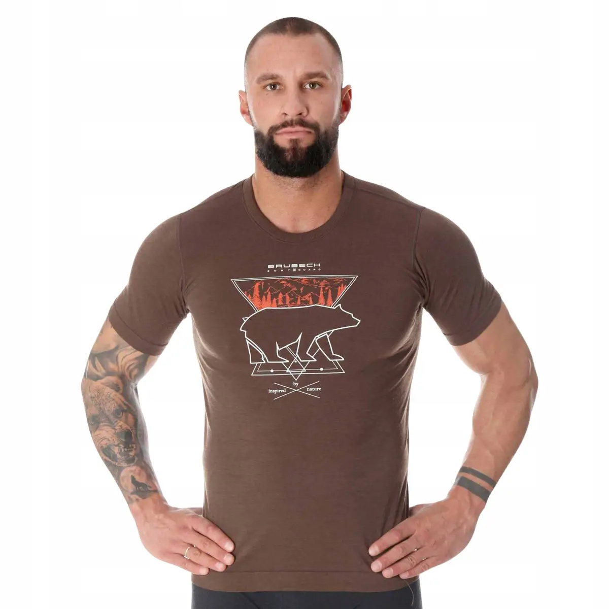 Koszulka męska BRUBECK T-Shirt merino brązowy Niedźwiedź 3 - zdjęcie 2