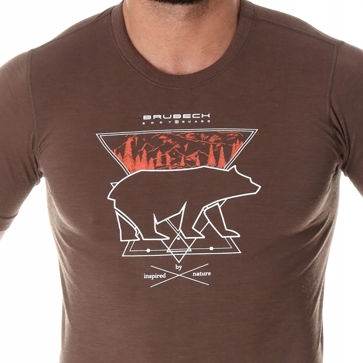 Koszulka męska BRUBECK T-Shirt merino brązowy Niedźwiedź 3 - zdjęcie 2