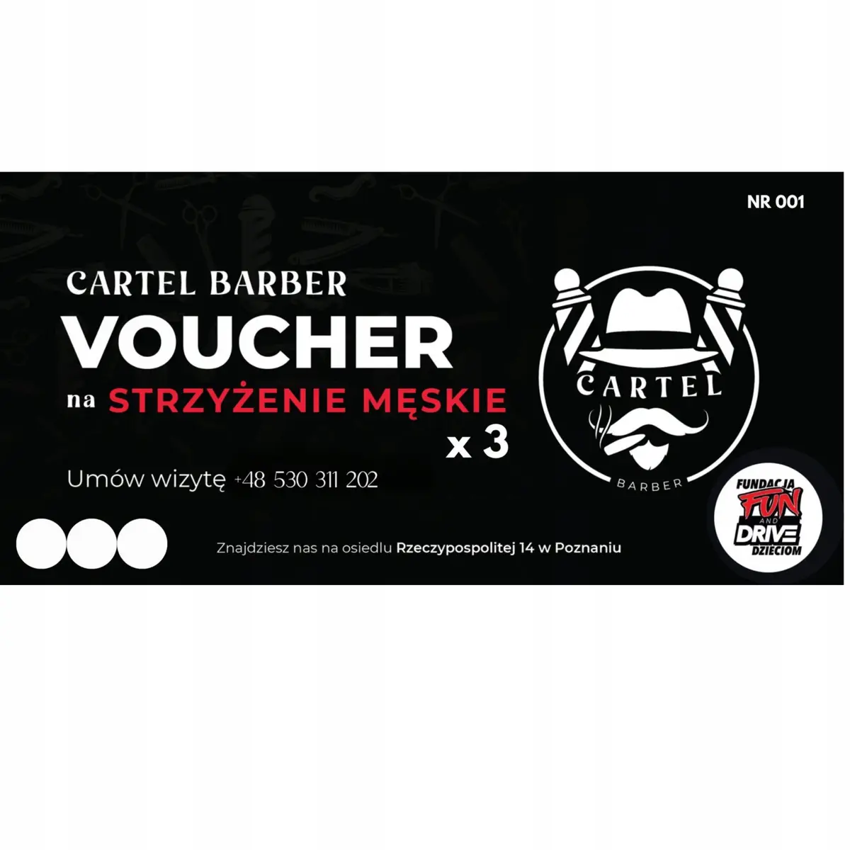 Voucher na usługę strzyżenie męskie Cartel Barber - Poznań - produkt Fundacji Fun and Drive Dzieciom