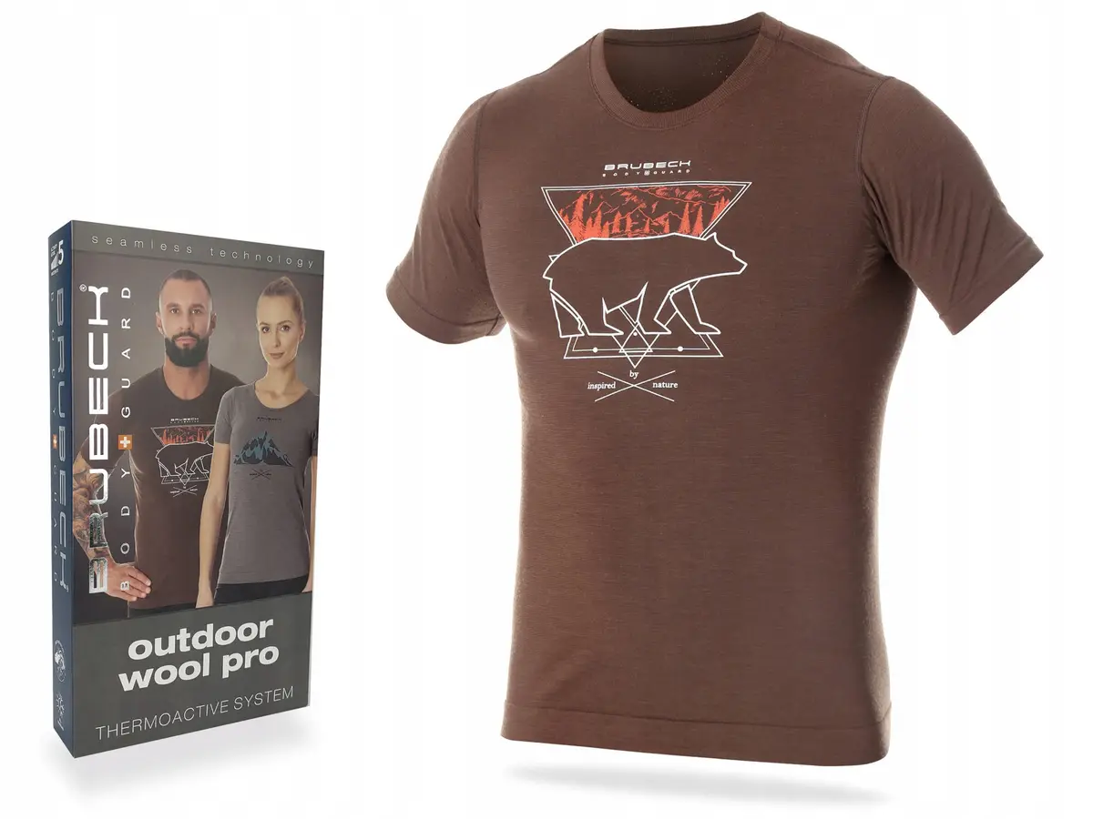 Koszulka męska BRUBECK T-Shirt merino brązowy Niedźwiedź 3 - zdjęcie 4