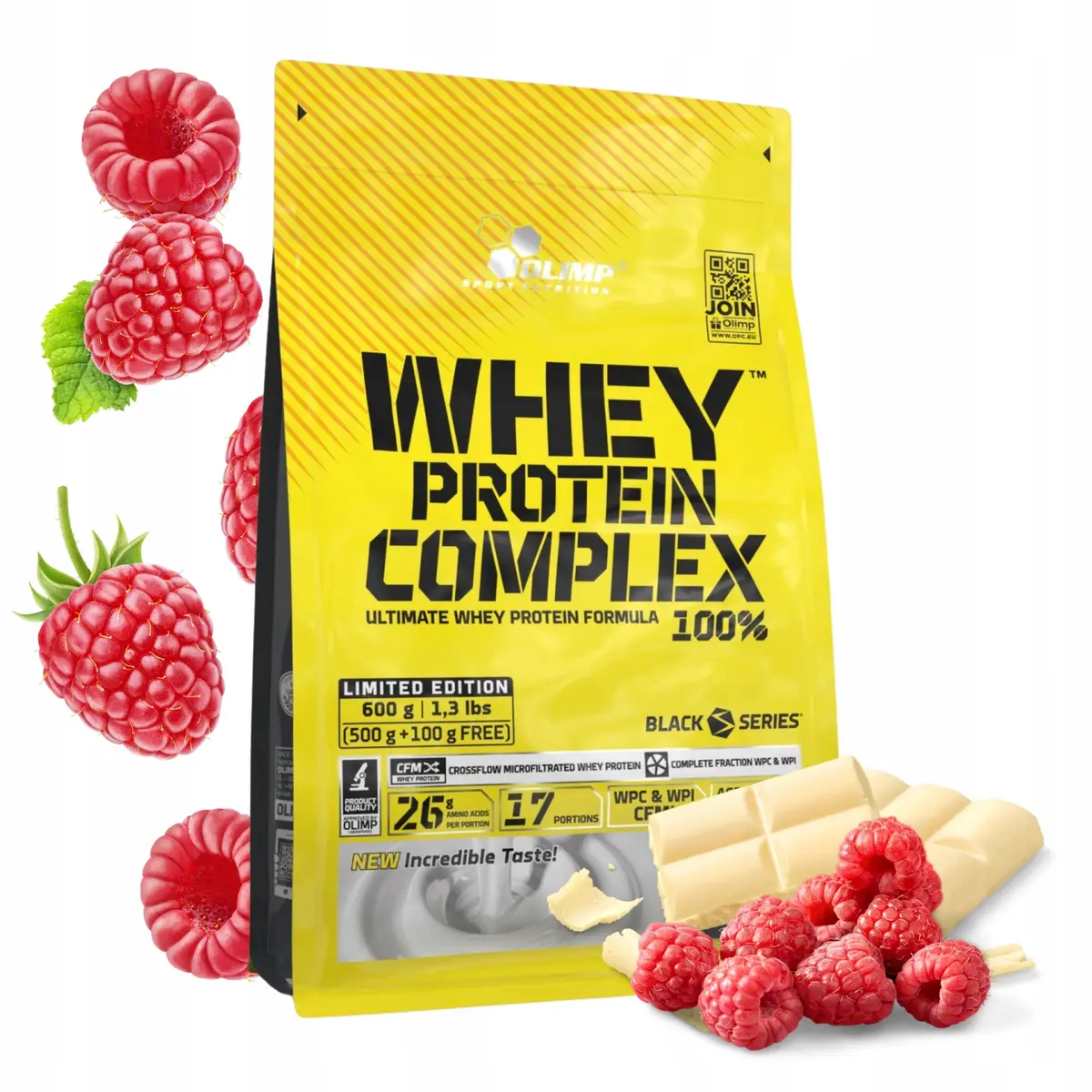 BIAŁKO WHEY wpc Olimp 100% protein 600g smak - biała czekolada z maliną - produkt Fundacji Fun and Drive Dzieciom