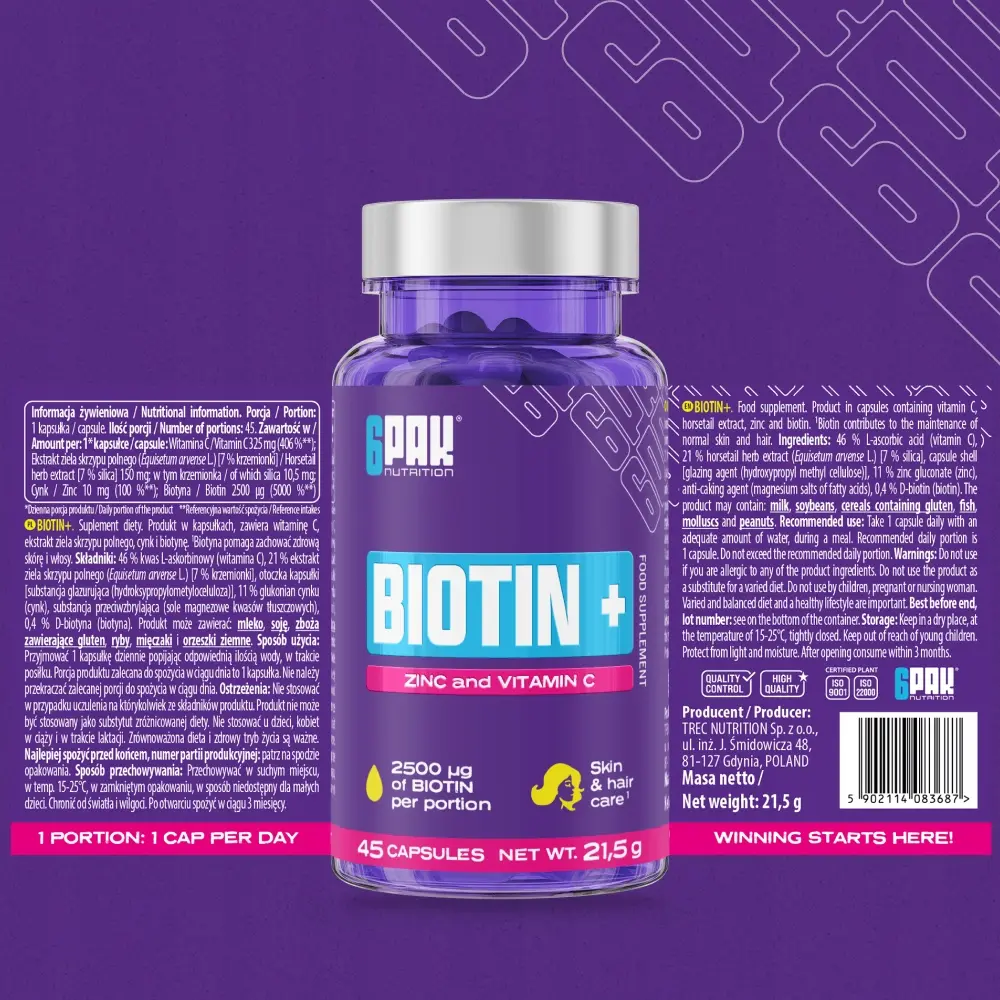 BIOTIN+ TREC 6PAK Nutrition włosy skóra 45 kapsułek witamina C cynk biotyna - zdjęcie 3