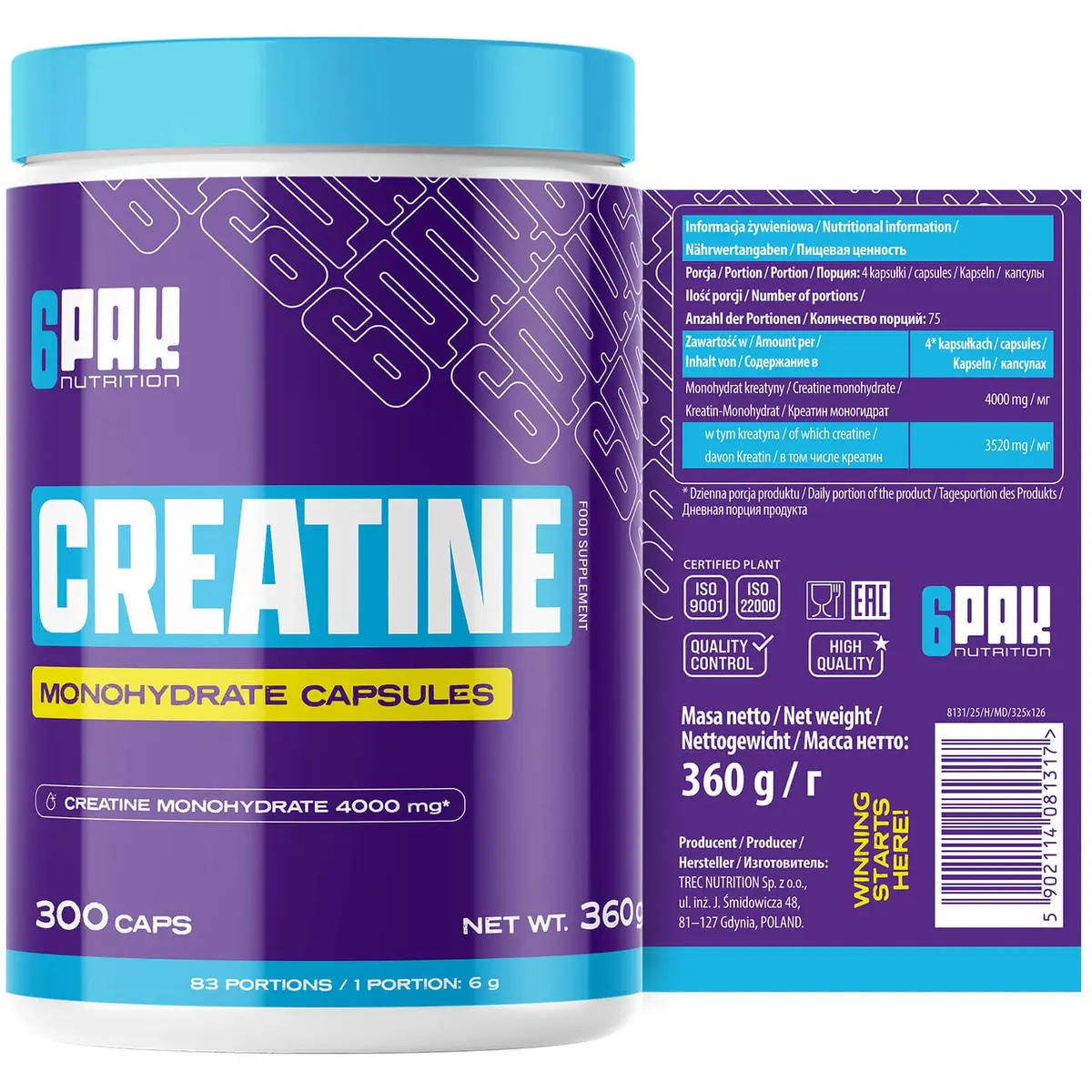 Kreatyna Creatine TREC 6PAK Nutrition monohydrat 300 kapsułek naturalna - zdjęcie 3