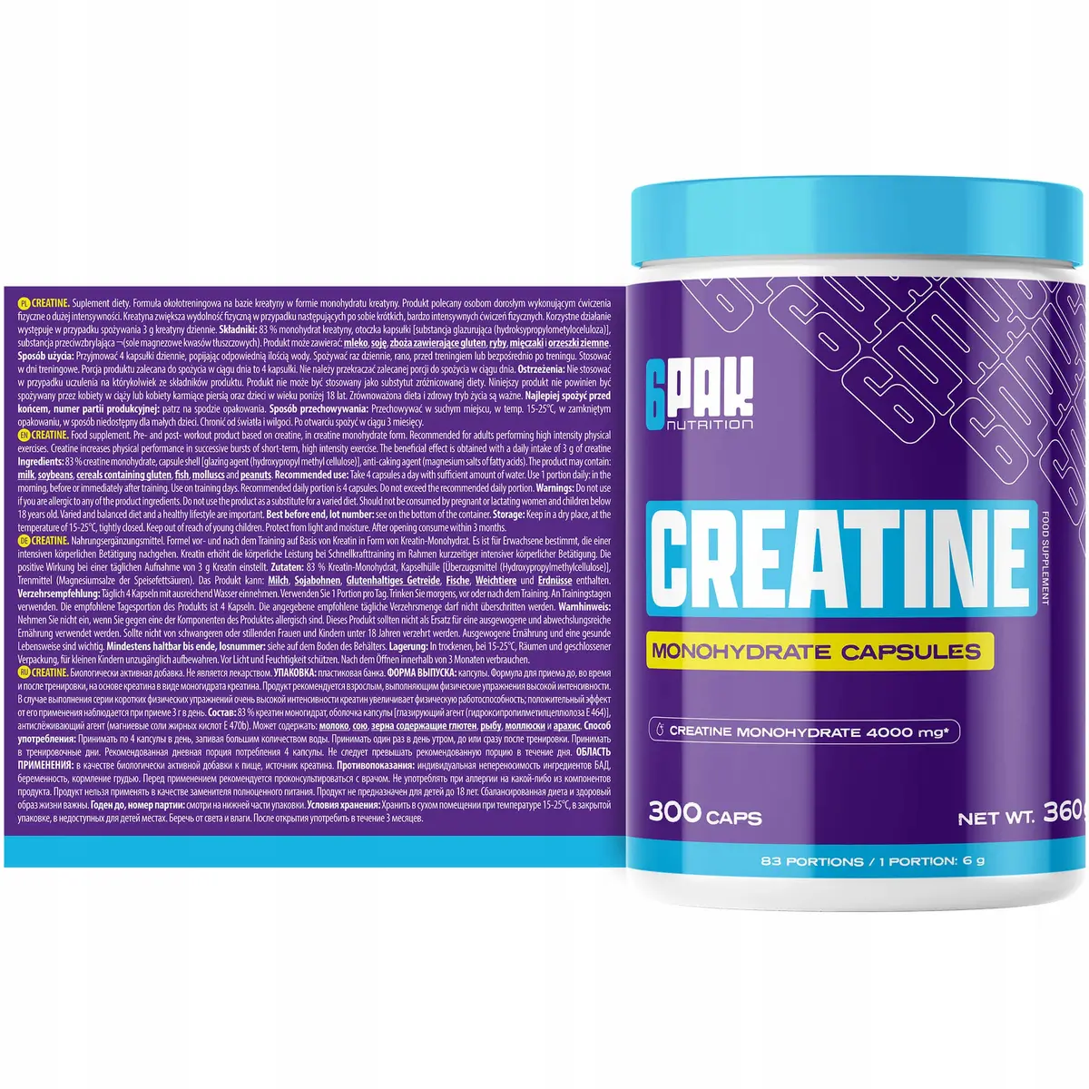 Kreatyna Creatine TREC 6PAK Nutrition monohydrat 300 kapsułek naturalna - zdjęcie 4
