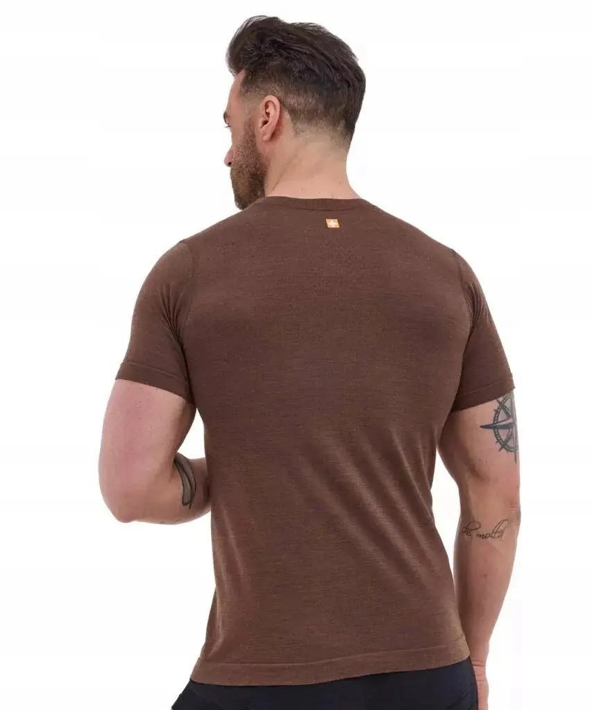 Koszulka męska merino wool BRUBECK krótki rękaw brązowa GÓRY - zdjęcie 2