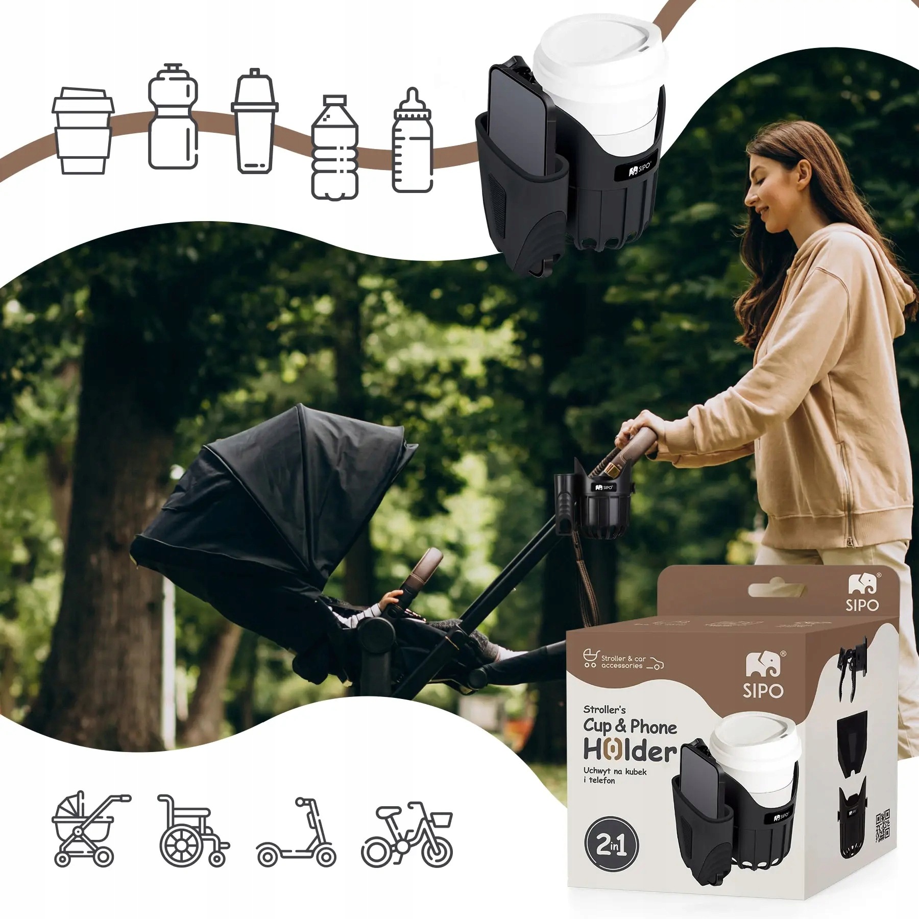 Uniwersalny uchwyt 2w1 na kubek i telefon do wózka dziecięcego SIPO - zdjęcie 2